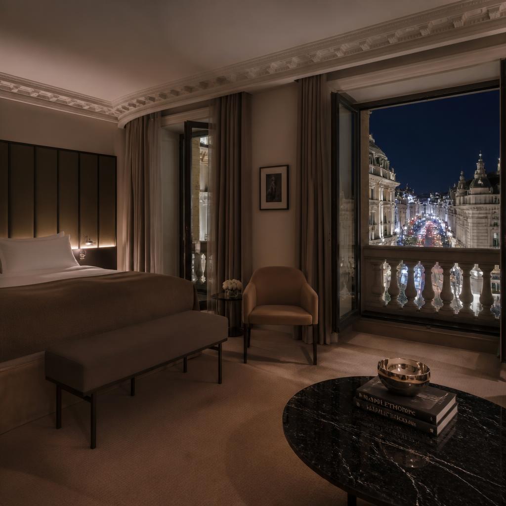 Suite contemporaine à Hotel Café Royal avec balcon privé sur Regent Street la nuit