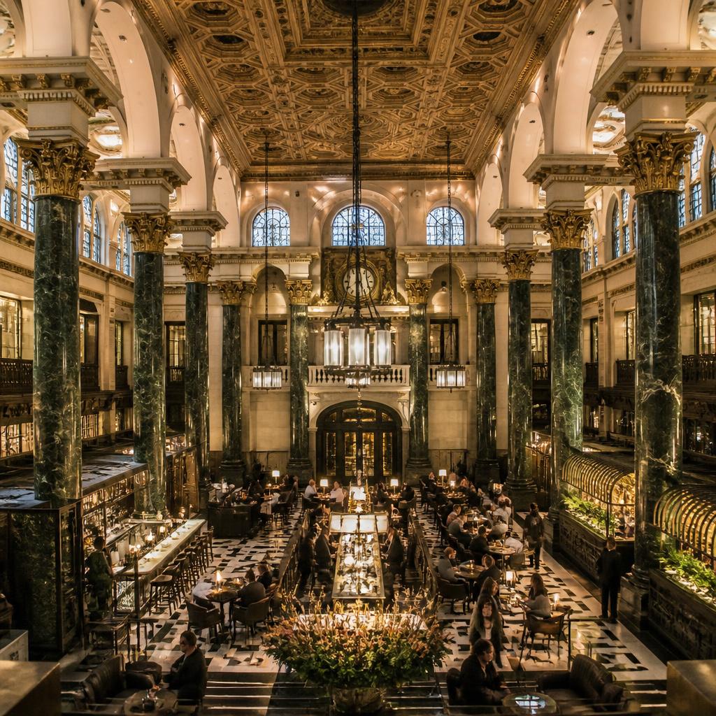 Vaste hall bancaire de The Ned dans la City de Londres avec colonnes de marbre vert et plafond sculpté