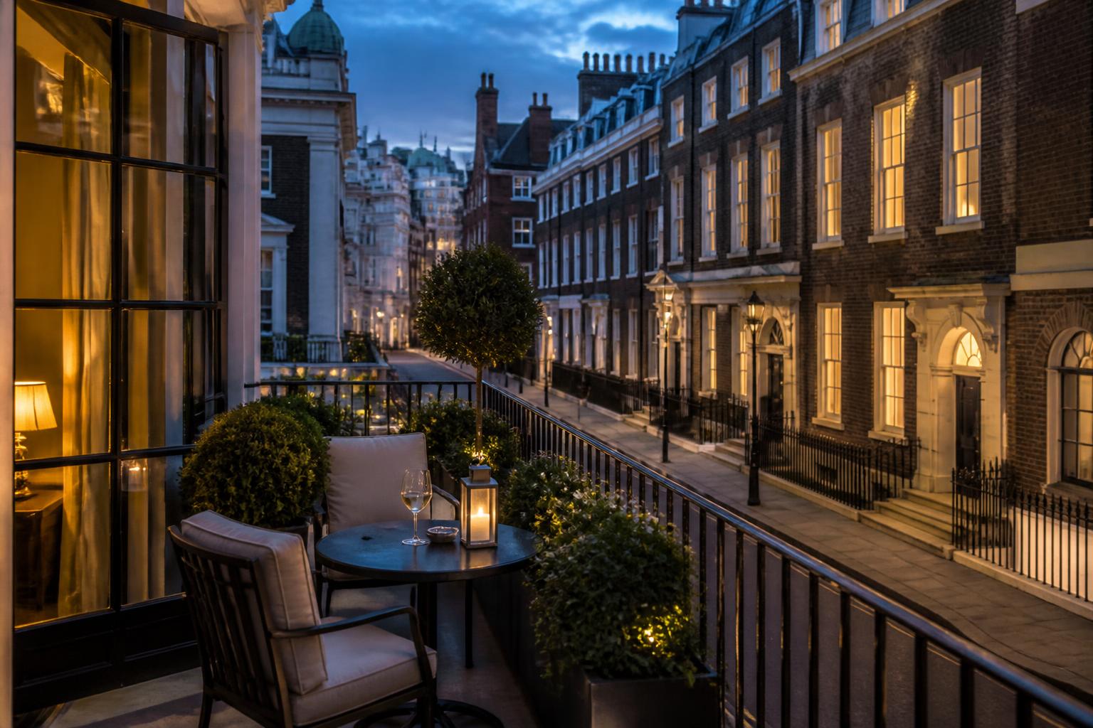Terrasse d'un hôtel de luxe londonien à Mayfair au crépuscule avec lumières chaudes