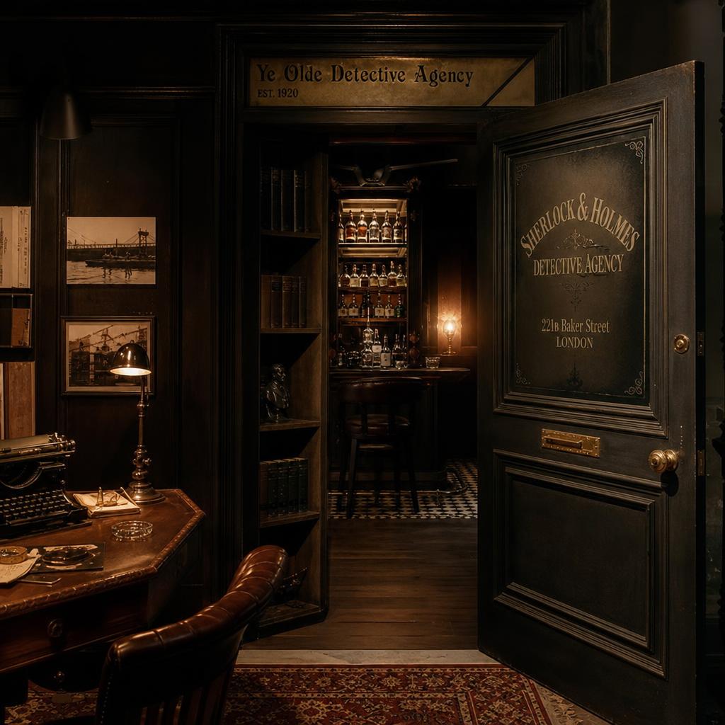 Cabinet de détective privé des années 1920 à Londres avec bibliothèque secrète