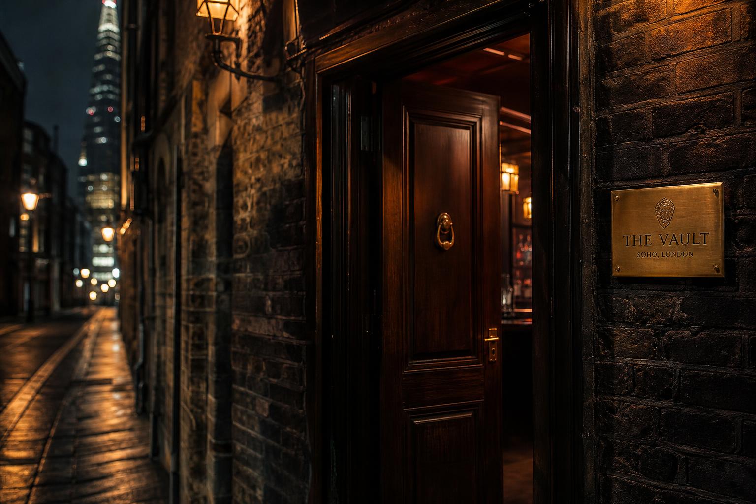 Porte discrète d'un speakeasy londonien dans une ruelle pavée la nuit