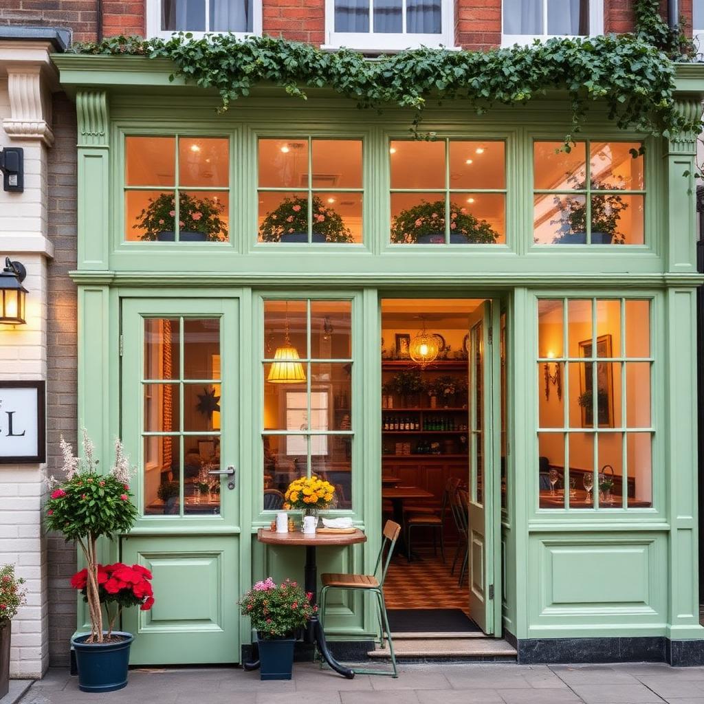Façade vert amande d'Odette's à Primrose Hill, fleurs et véranda éclairée