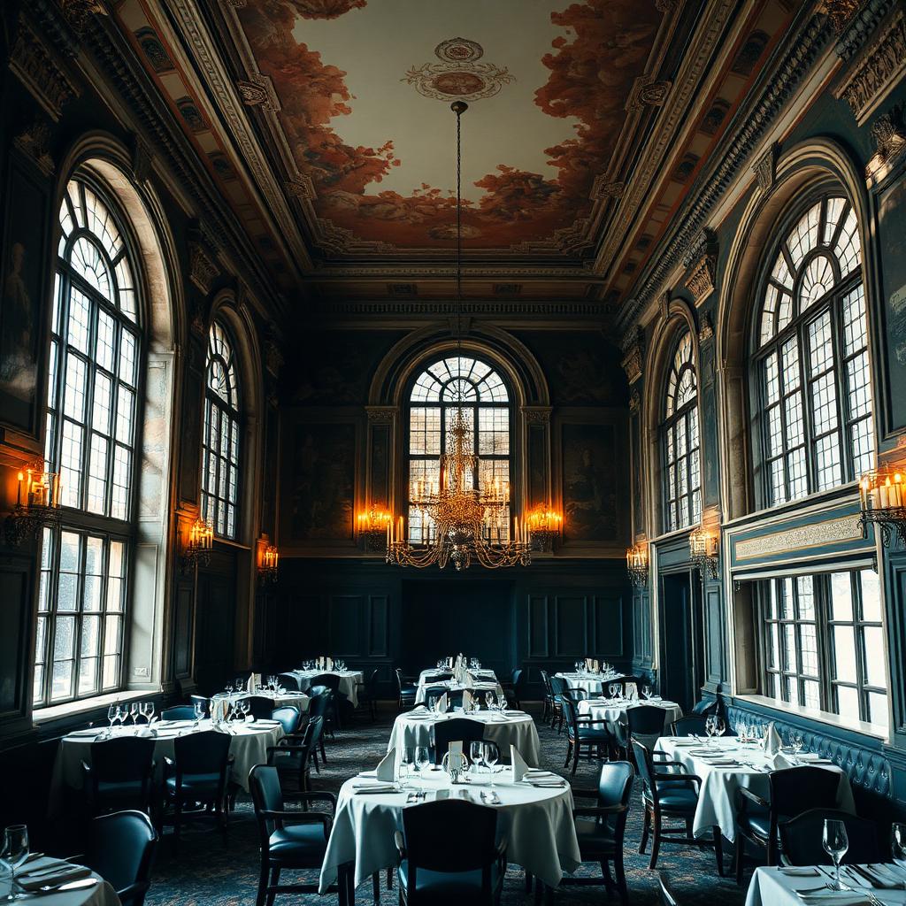 Ancienne salle d'audience victorienne transformée en restaurant, murs patinés et lustre