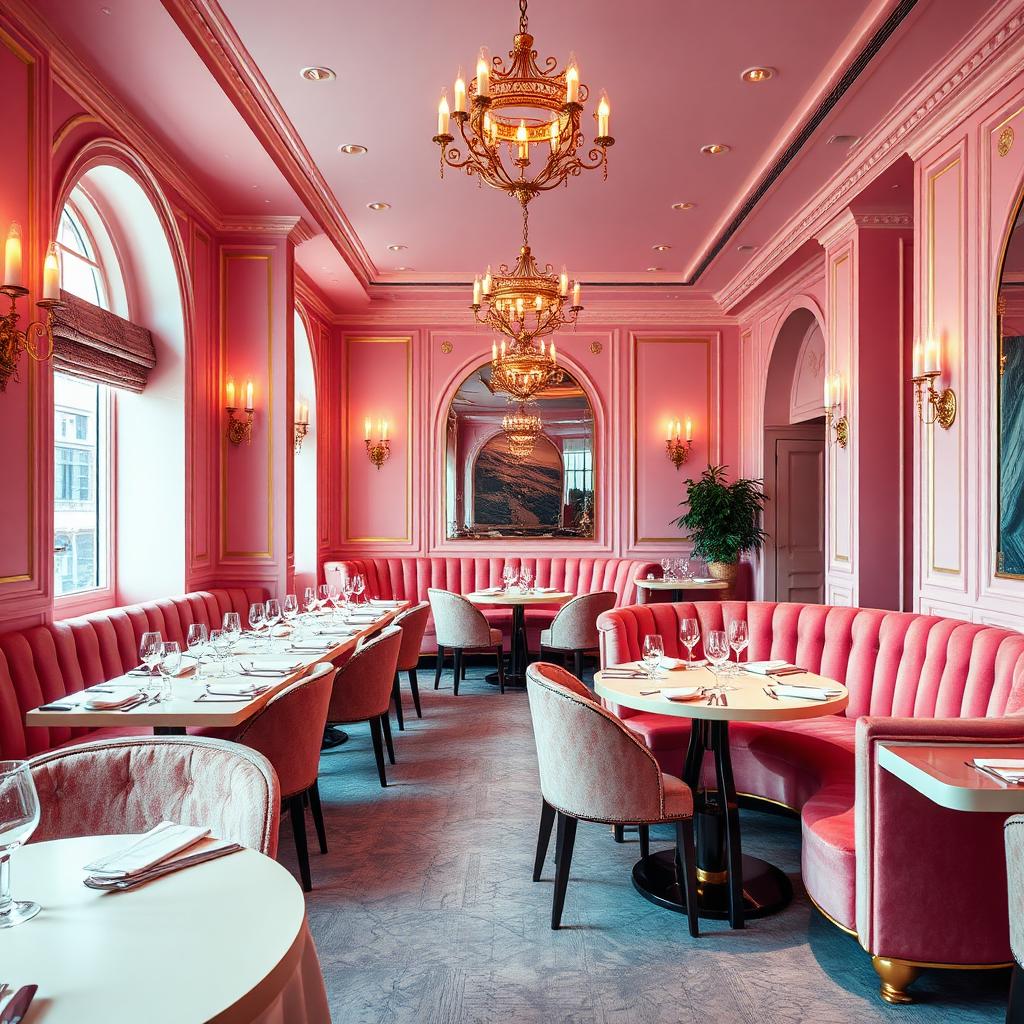 Salle rose poudré de Sketch à Mayfair, banquettes velours et lustres dorés