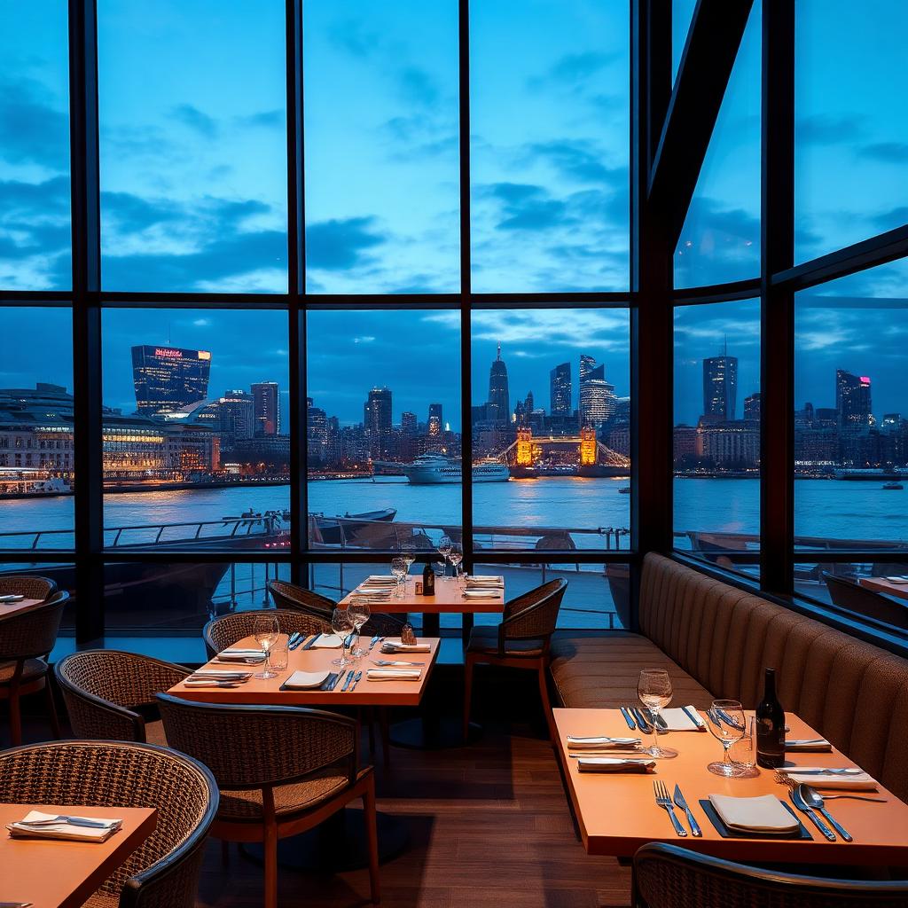 Salle du Skylon avec baies vitrées sur la Tamise et la skyline de Londres au crépuscule