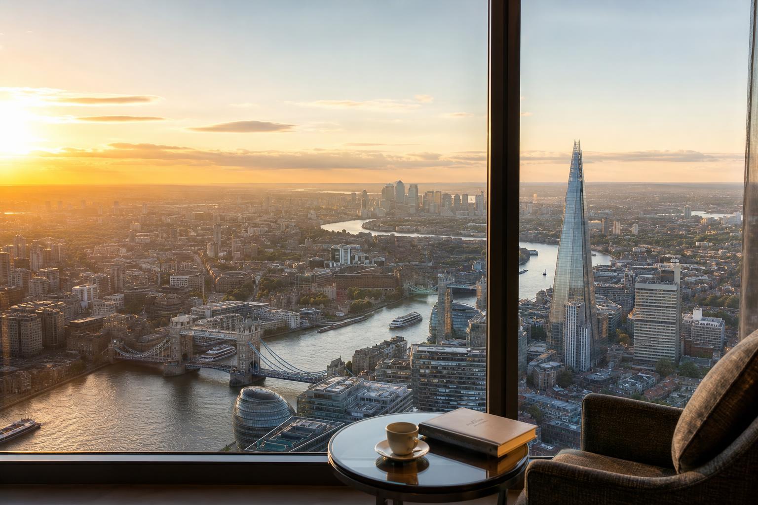 Vue panoramique de Londres au lever du jour sur la Tamise, Tower Bridge et Hyde Park