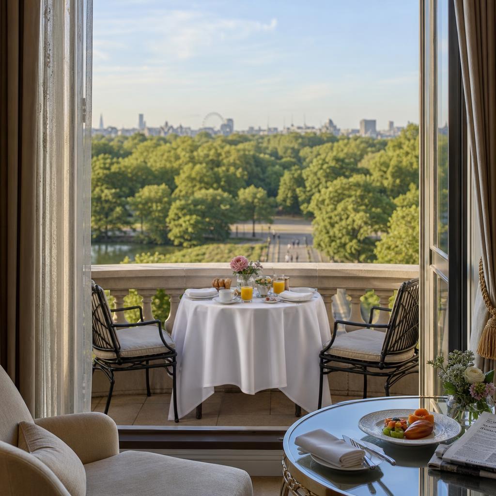 Terrasse privée du Mandarin Oriental Hyde Park avec petit-déjeuner et vue sur le parc