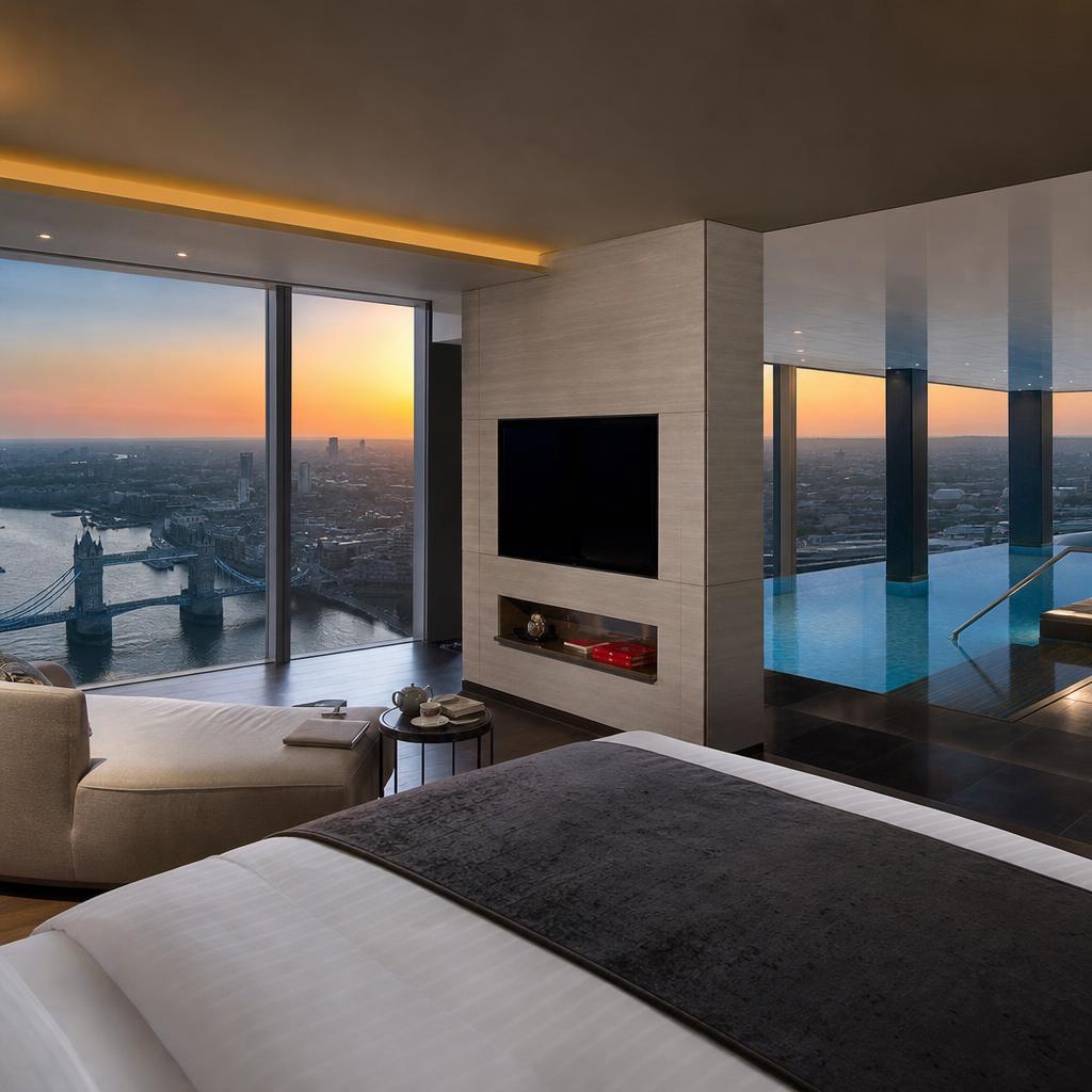 Suite au Shangri-La The Shard avec vue panoramique sur Tower Bridge et la Tamise au coucher du soleil