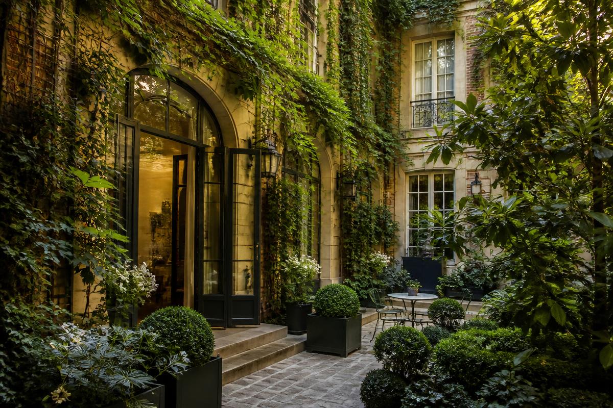 Cour privée végétalisée d'un hôtel particulier caché dans le Marais à Paris
