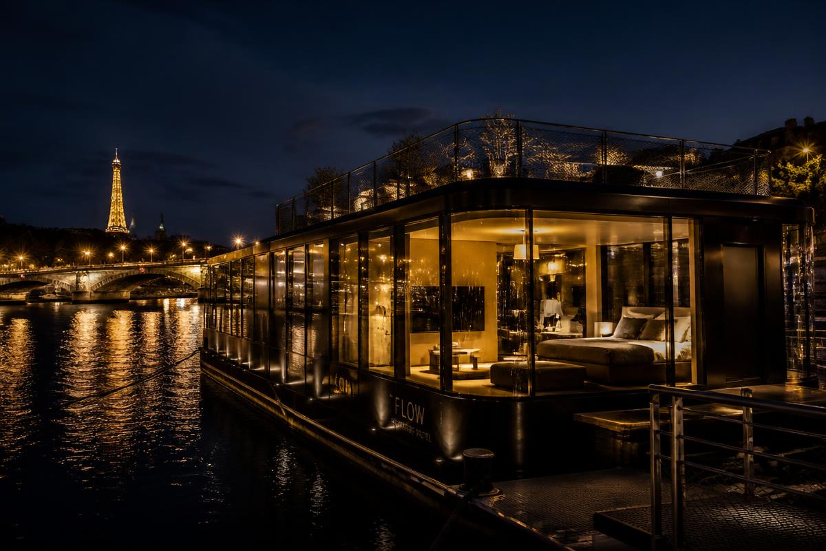 Suite flottante luxueuse sur la Seine à Paris, de nuit, avec la Tour Eiffel en arrière-plan