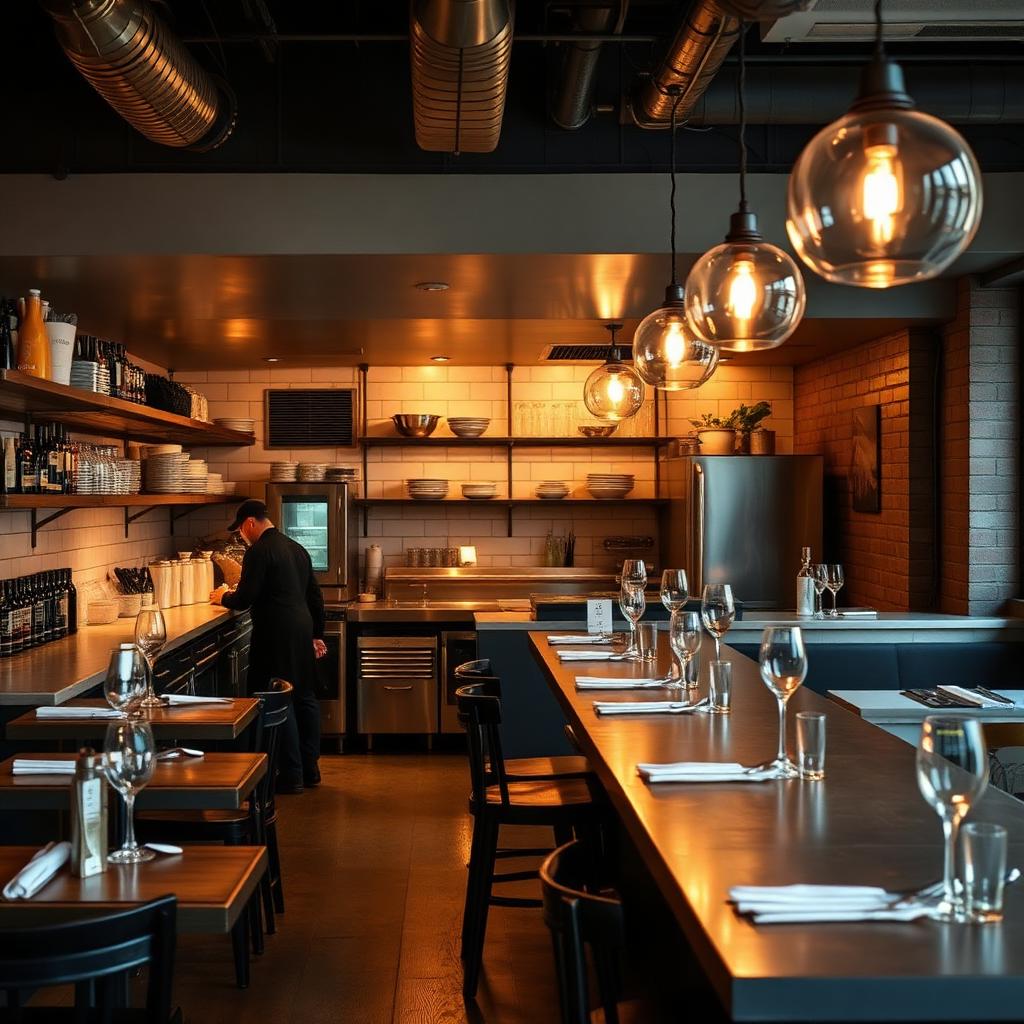 Comptoir de chef à Greenpoint avec cuisine ouverte et lumière chaude