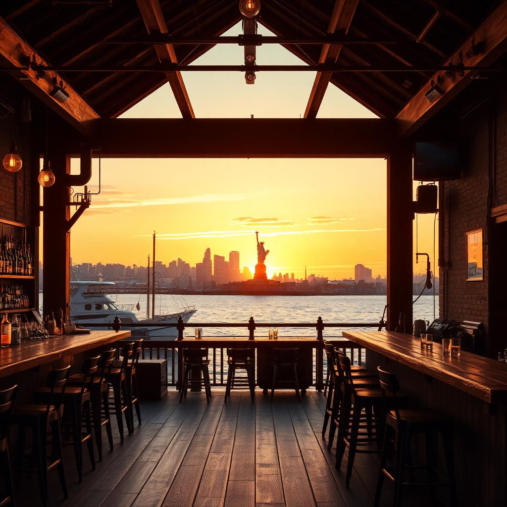 Bar d'entrepôt sur les quais de Red Hook au coucher du soleil