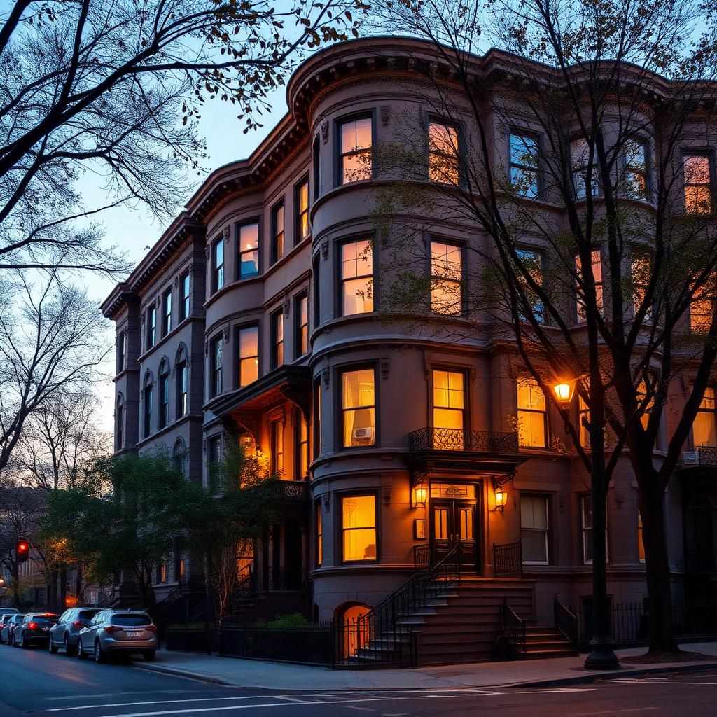 Brownstone élégant de Brooklyn Heights dans une rue arborée au crépuscule