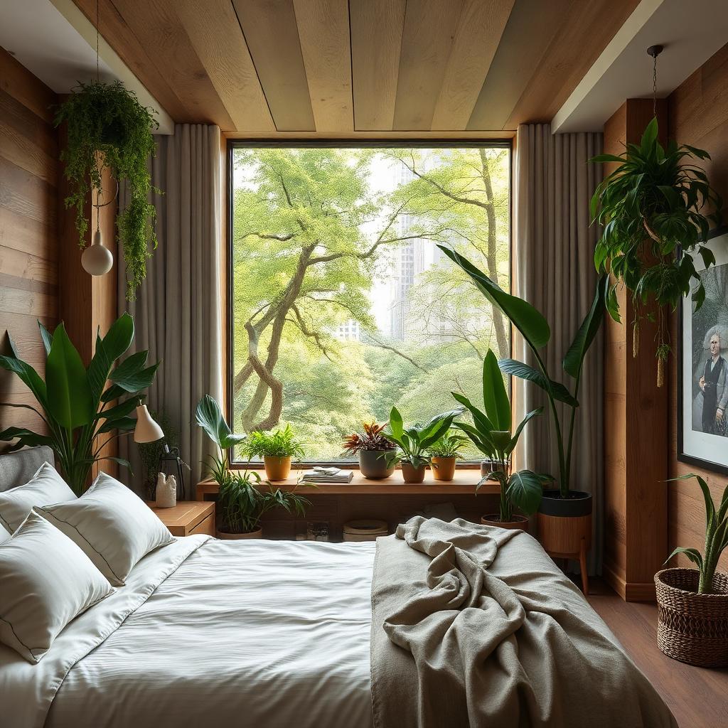 Chambre éco-luxe avec bois brut et plantes, ouverte sur la canopée de Central Park