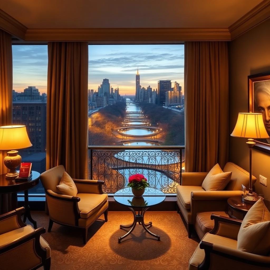Suite classique avec balcon privé donnant sur Central Park au crépuscule