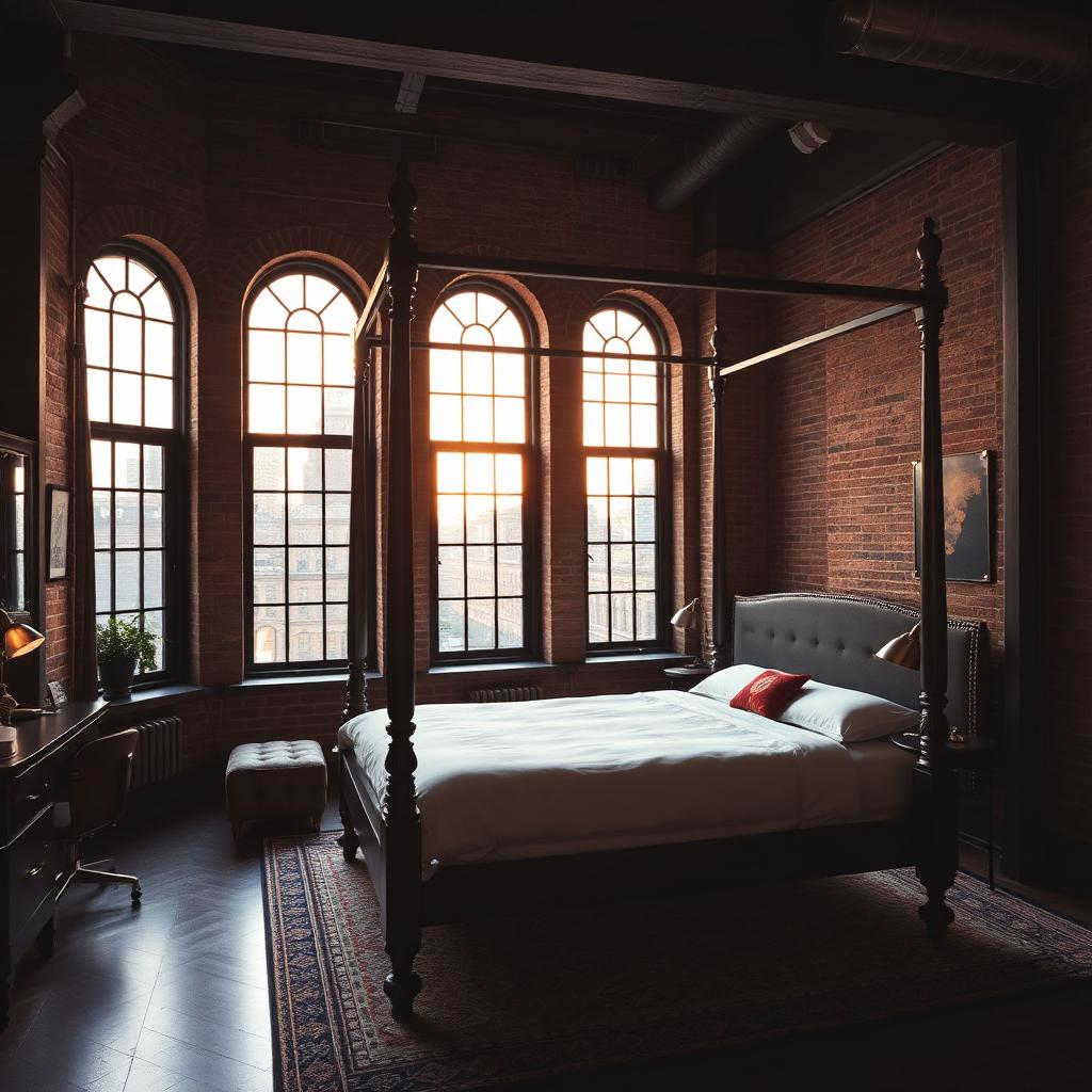 Loft de SoHo en briques apparentes avec lit à baldaquin et fenêtres cintrées