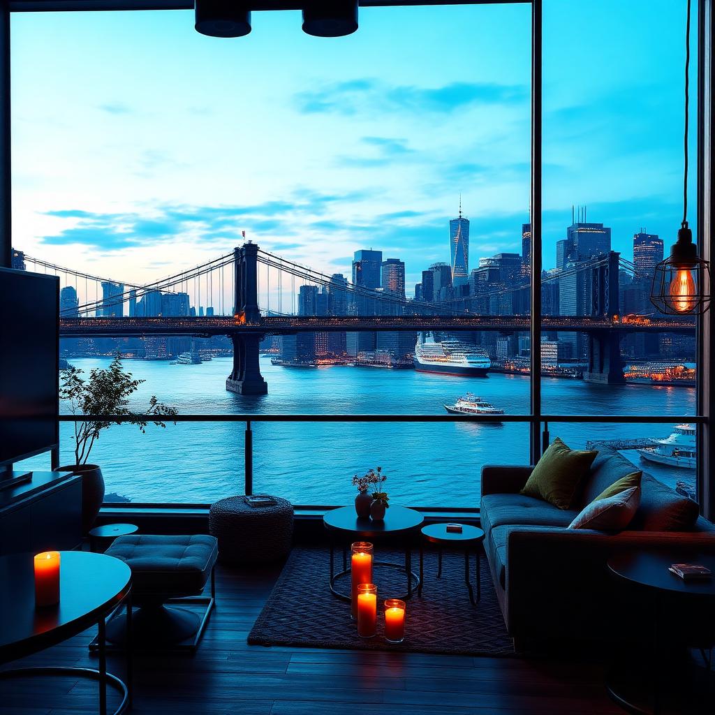Chambre d'hôtel à DUMBO avec vue sur le pont de Brooklyn à l'heure bleue