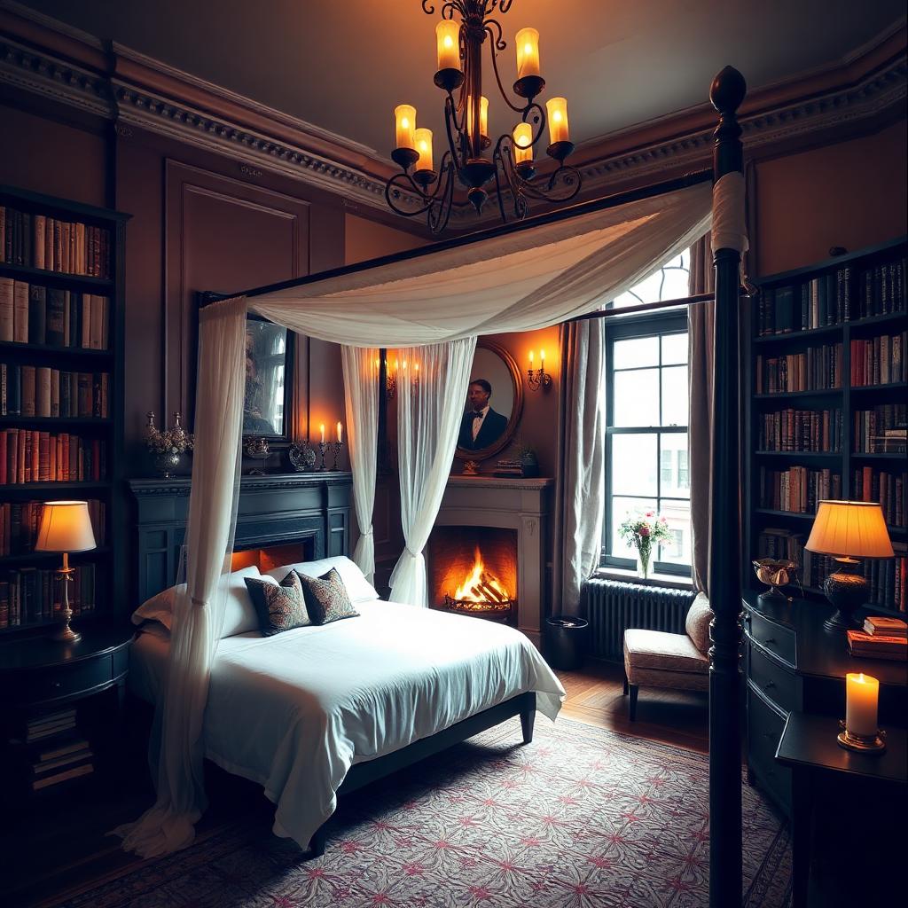 Chambre d'une maison de ville de Greenwich Village avec cheminée, bibliothèque et lit à baldaquin