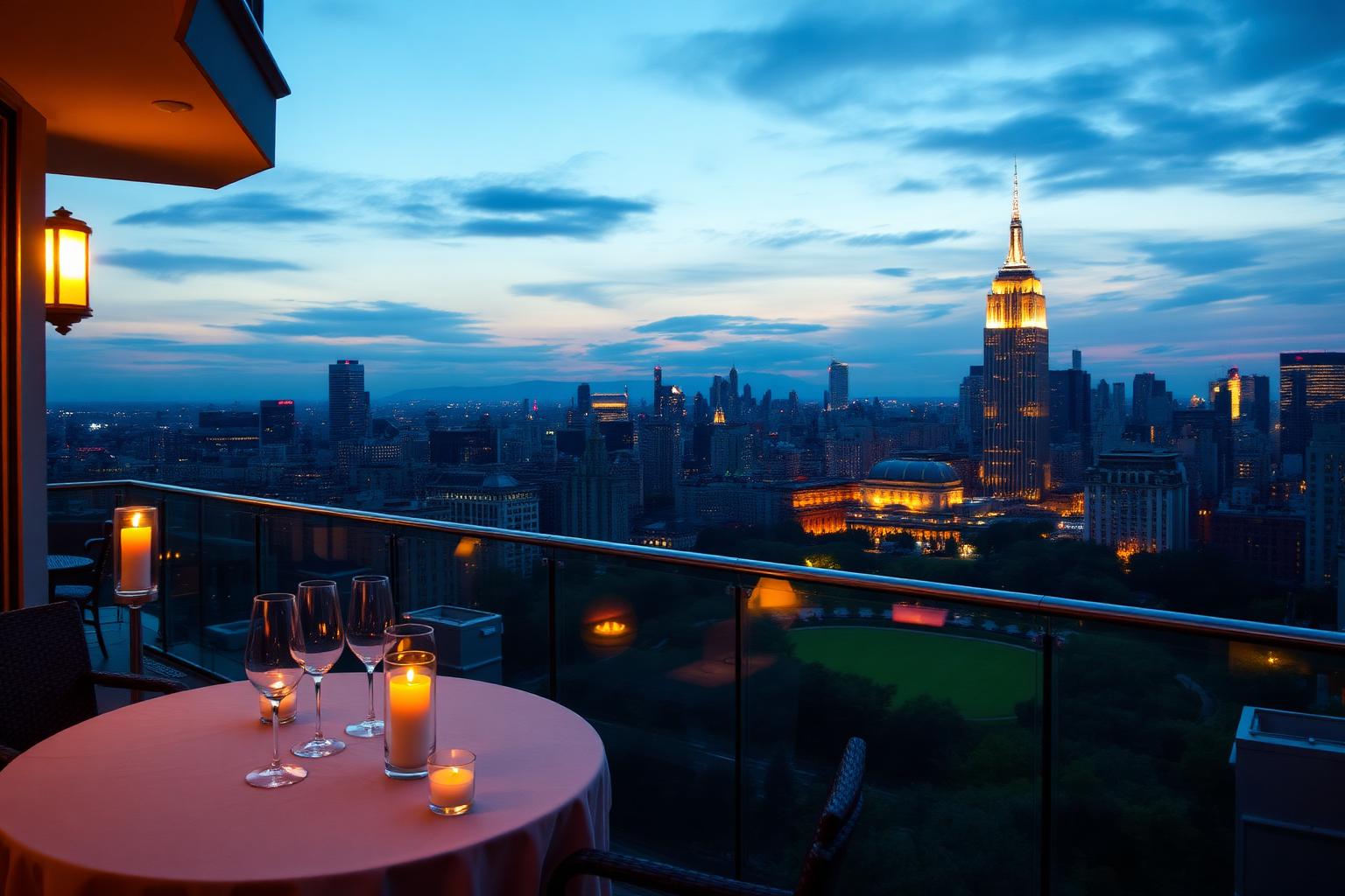 Terrasse romantique surplombant la skyline de New York au crépuscule