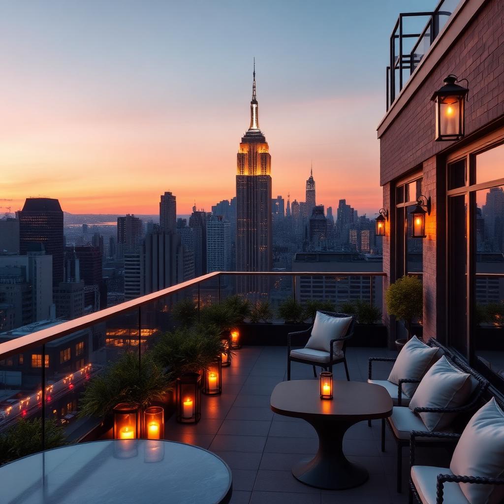 Terrasse élégante face à l'Empire State Building au crépuscule