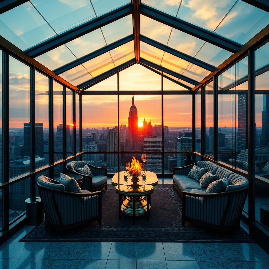 Salon rooftop sous verrière au-dessus de Midtown Manhattan au coucher du soleil