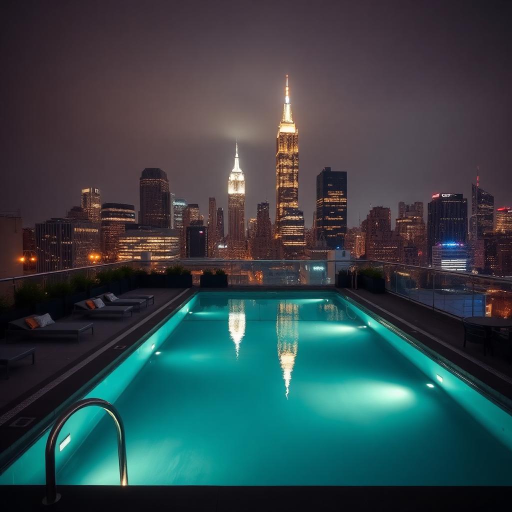 Piscine de rooftop illuminée la nuit avec la skyline de Manhattan