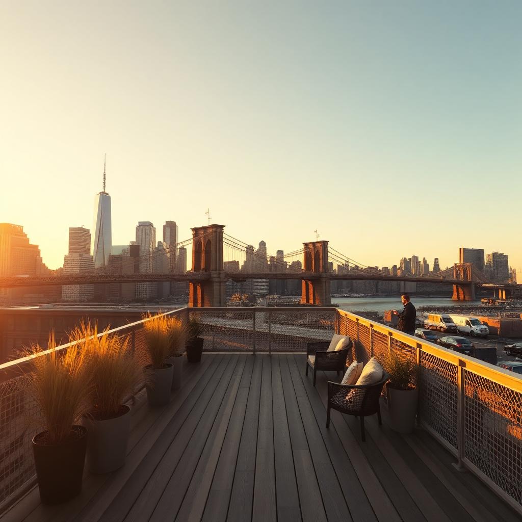 Terrasse en bois à Brooklyn face au pont de Brooklyn et à la skyline