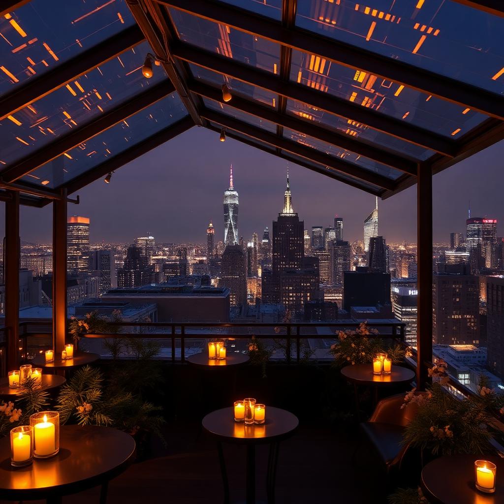 Bar rooftop sous serre vitrée à Tribeca, bougies et vue nocturne sur la ville