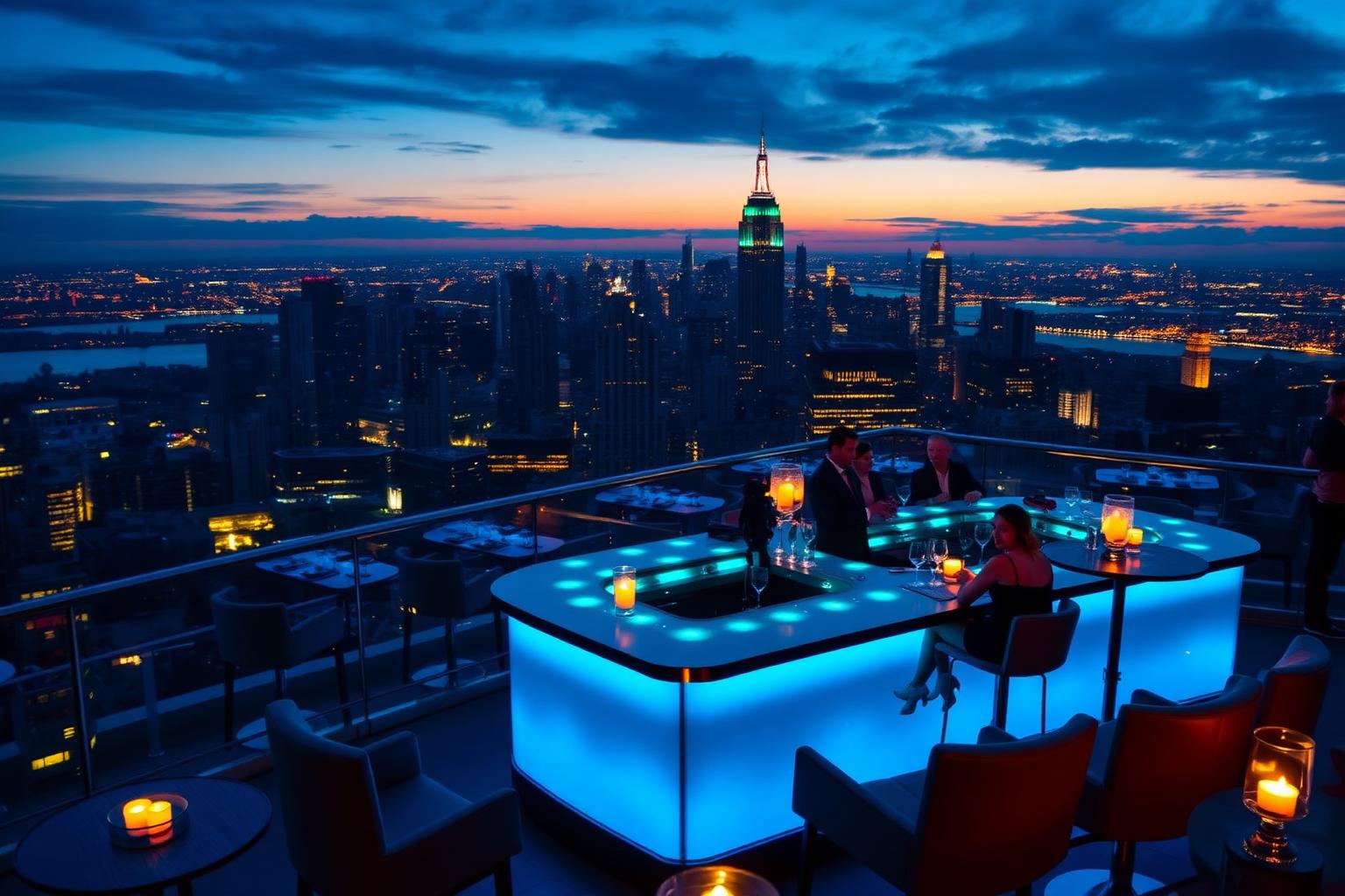 Rooftop new-yorkais à l'heure bleue avec la skyline illuminée