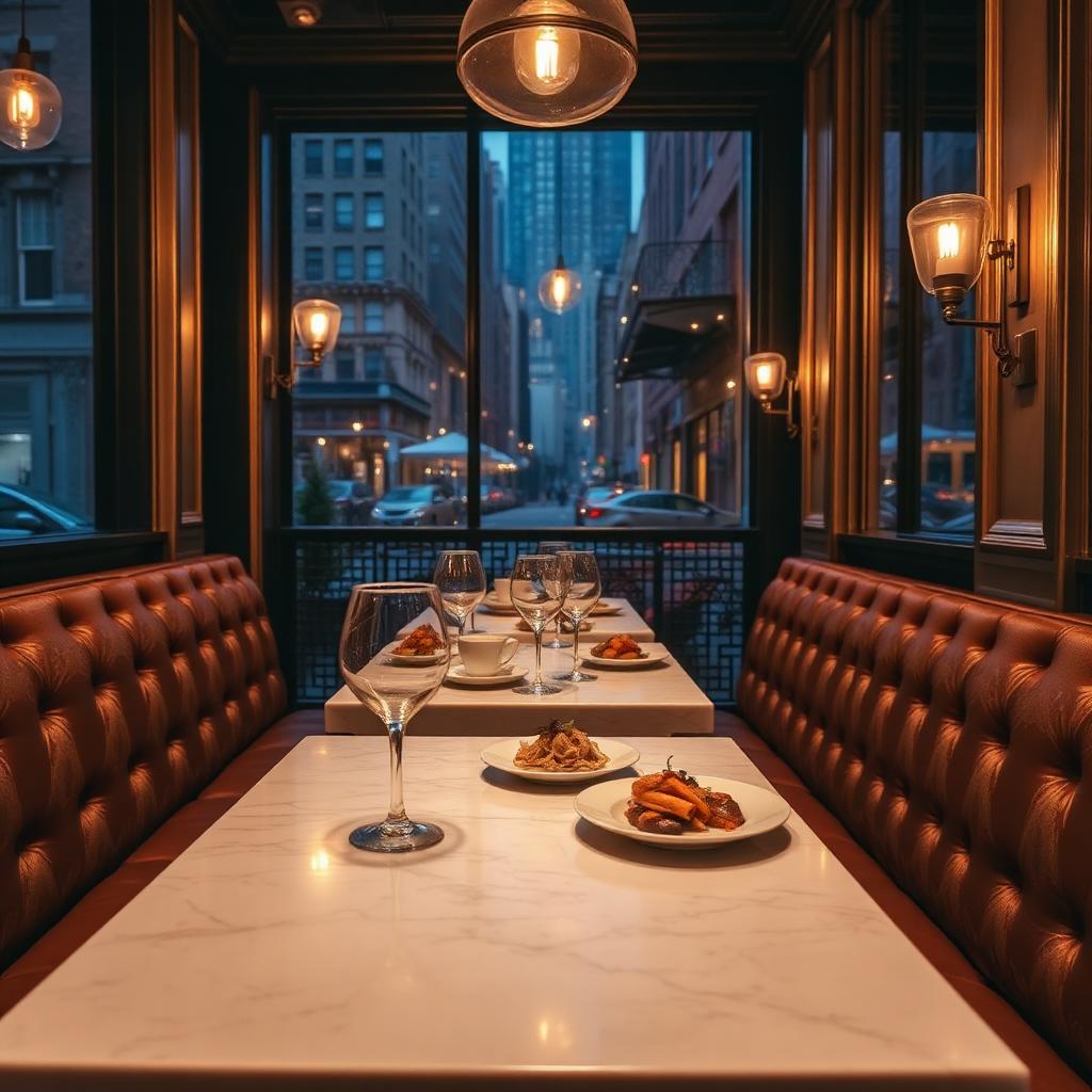 Bistro chic de SoHo avec tables en marbre et banquettes en cuir