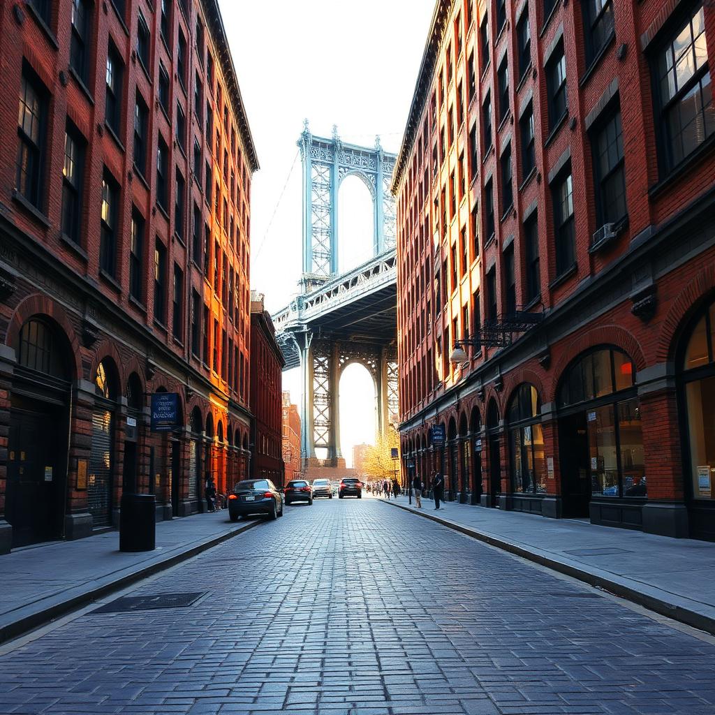 Rue pavée de DUMBO avec le pont de Manhattan encadré par les entrepôts en brique