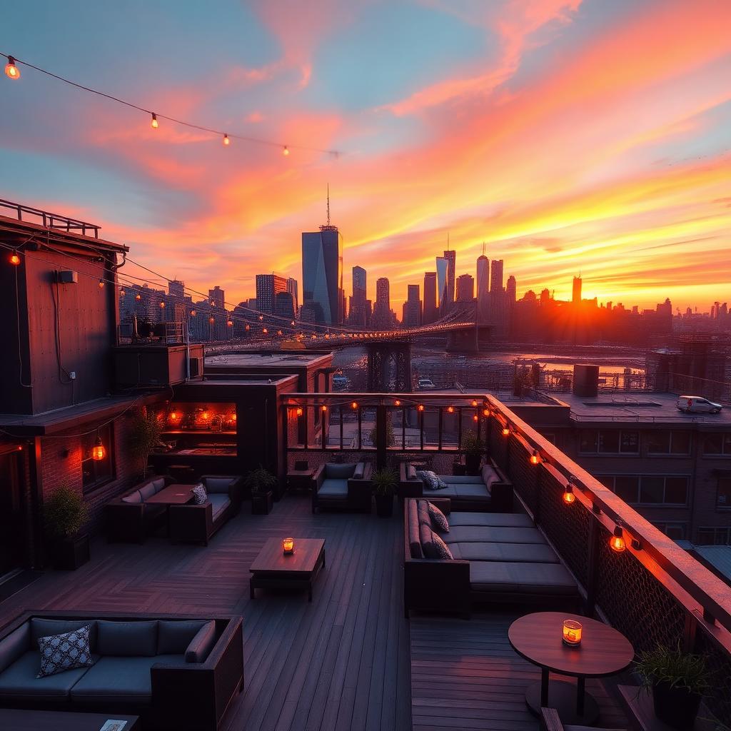 Rooftop industriel de DUMBO au coucher de soleil face à la skyline de Manhattan