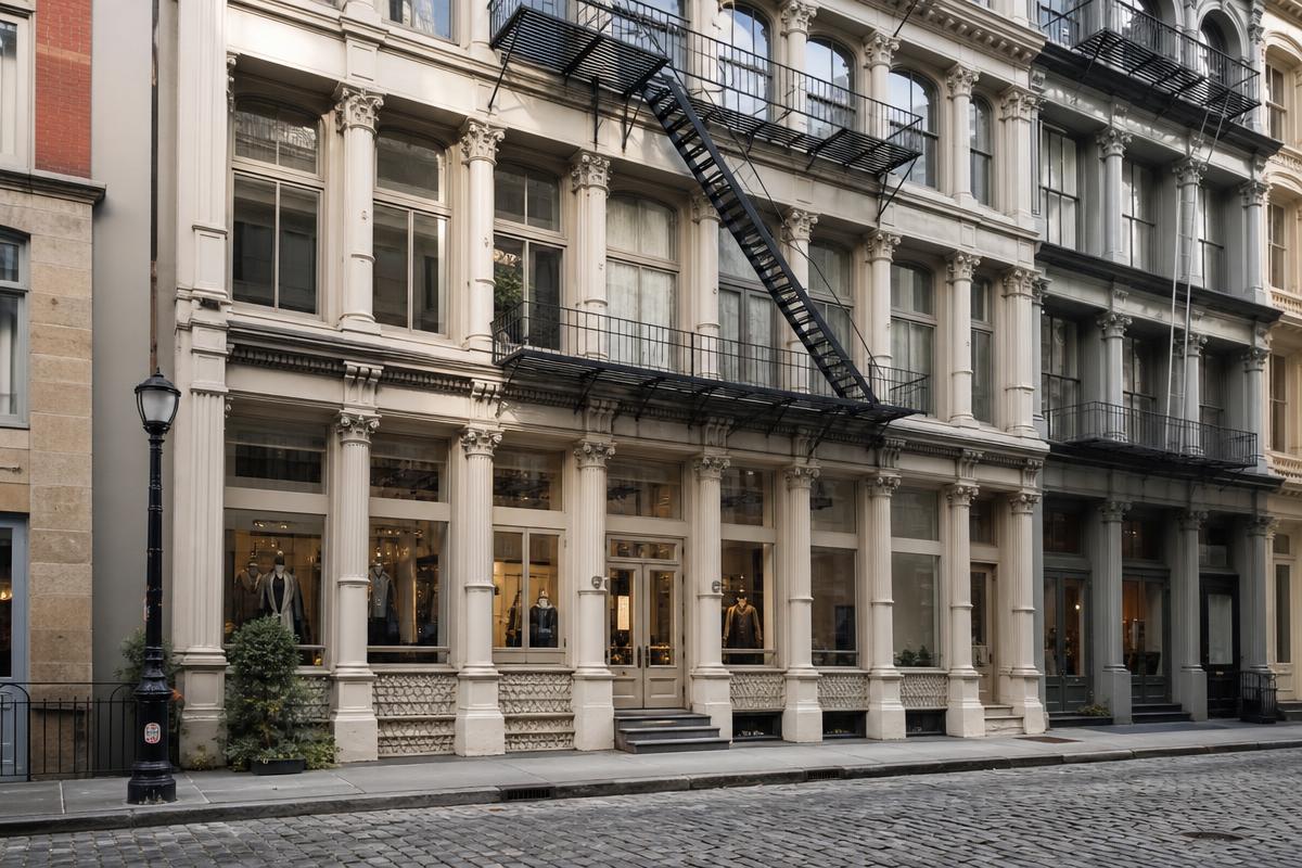 Façades typiques de SoHo avec escaliers en fonte et architecture industrielle