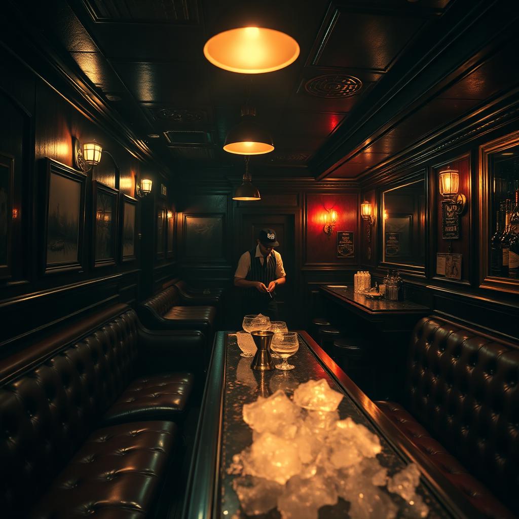Sous-sol feutré de Greenwich Village avec banquettes en cuir et barman taillant la glace