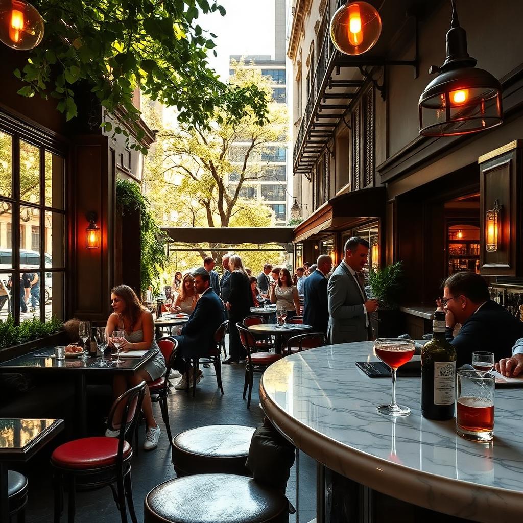 Café-bar italien de Greenwich Village avec comptoir en marbre et terrasse ensoleillée