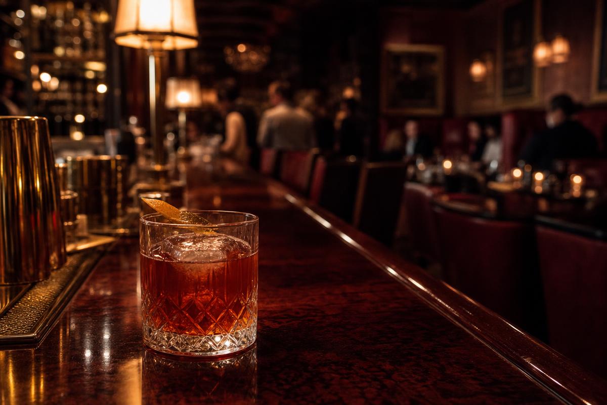 Bar cocktail rétro chic à Manhattan, ambiance feutrée et lumière tamisée