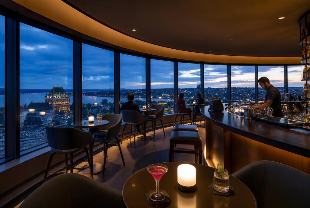 Bar panoramique tournant surplombant Québec au crépuscule