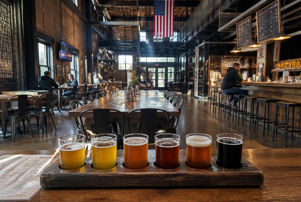 Salle de brasserie artisanale avec palette de bières à Québec