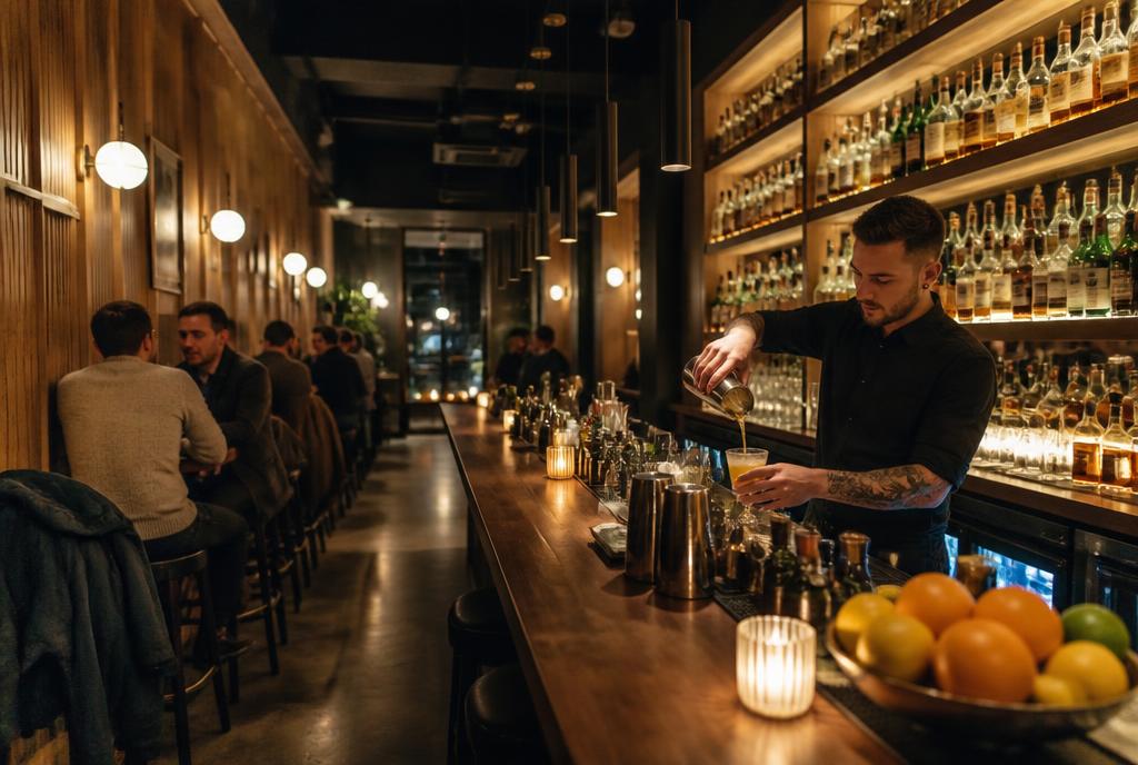 Bar à cocktails étroit en bois avec barman au travail à Québec