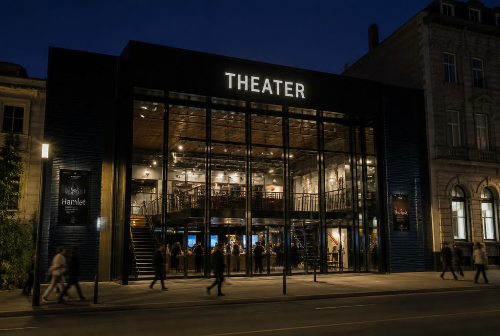 Façade vitrée et sombre d'un théâtre contemporain de Québec la nuit