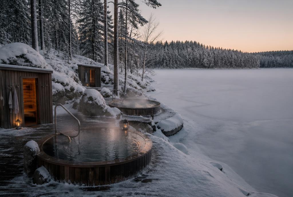 Bains nordiques extérieurs au bord d'un lac gelé en forêt près de Québec
