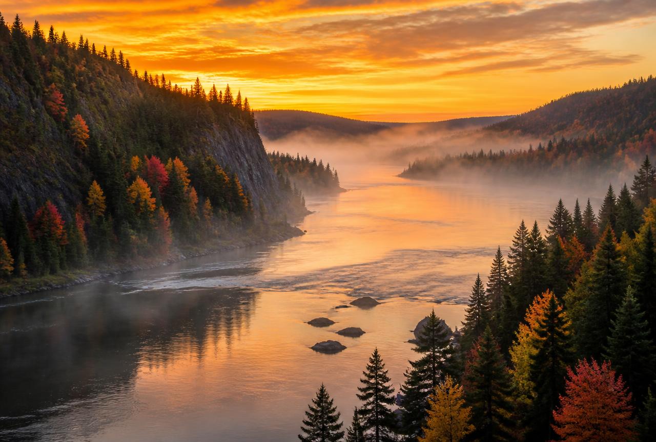 Vallée forestière et rivière au lever du soleil près de Québec