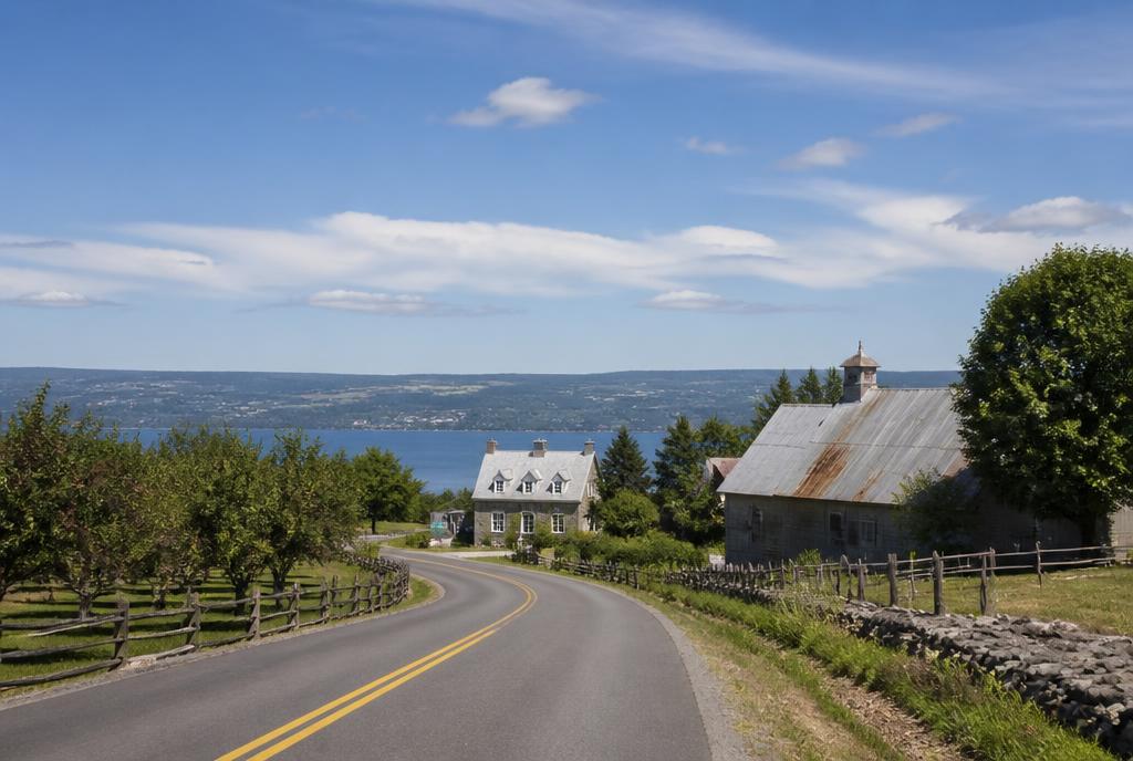 Route de campagne et maisons anciennes de l'Île d'Orléans au bord du fleuve