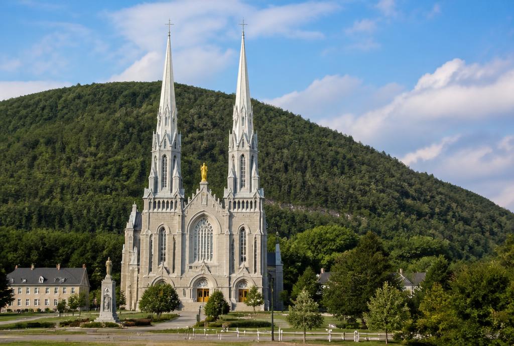 Basilique aux deux flèches au pied d'une montagne boisée près de Québec