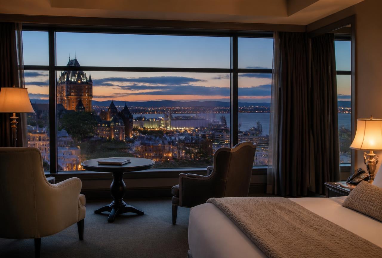 Chambre d'hôtel ouverte sur les toits du Vieux-Québec et le Saint-Laurent