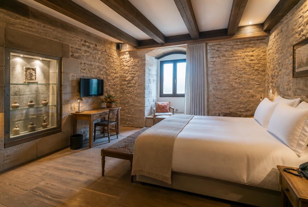 Chambre de l'Auberge Saint-Antoine avec murs de pierre et vitrine d'artefacts