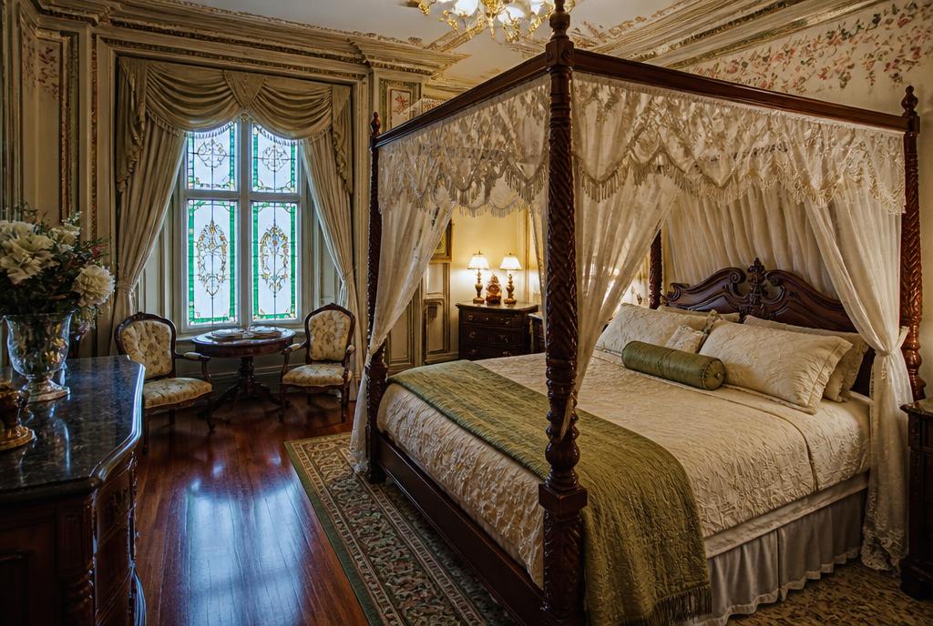 Chambre victorienne à baldaquin avec vitrail dans une maison de Québec