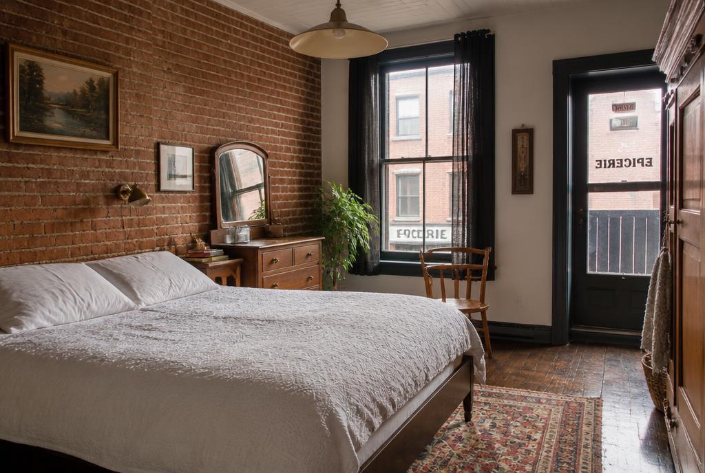 Chambre au-dessus d'une épicerie historique à Québec, mur de brique
