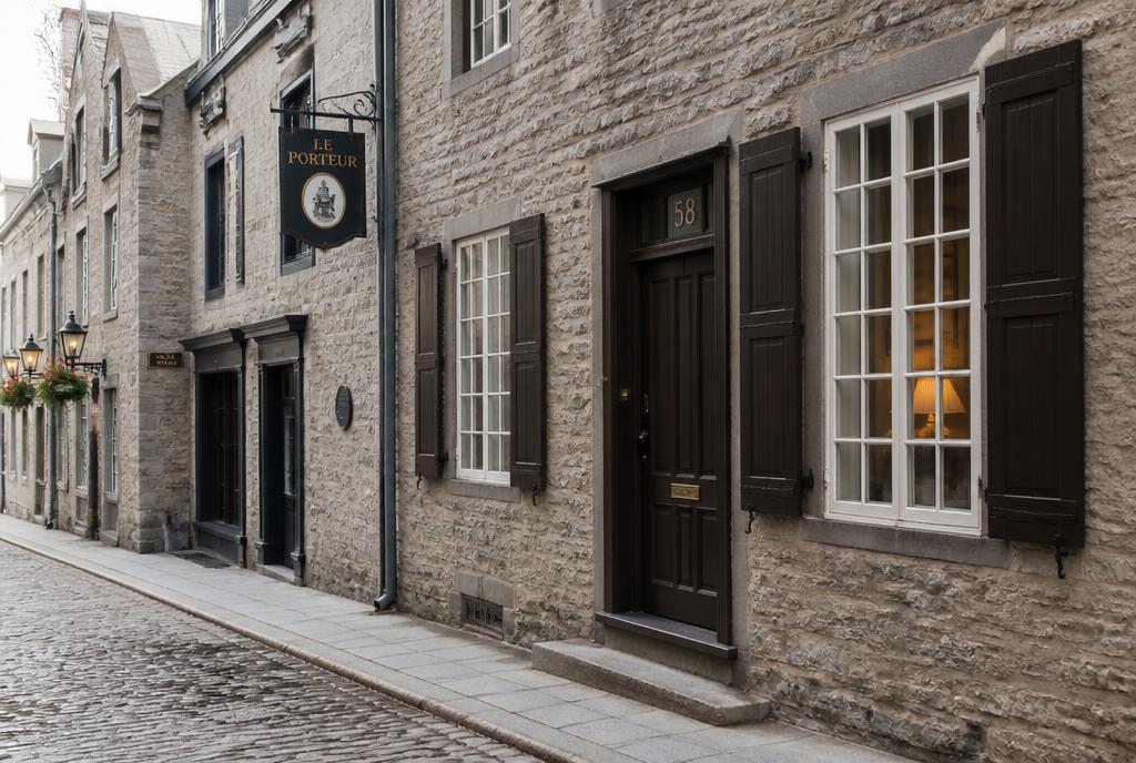 Façade de pierre d'une maison historique dans une rue pavée du Vieux-Québec