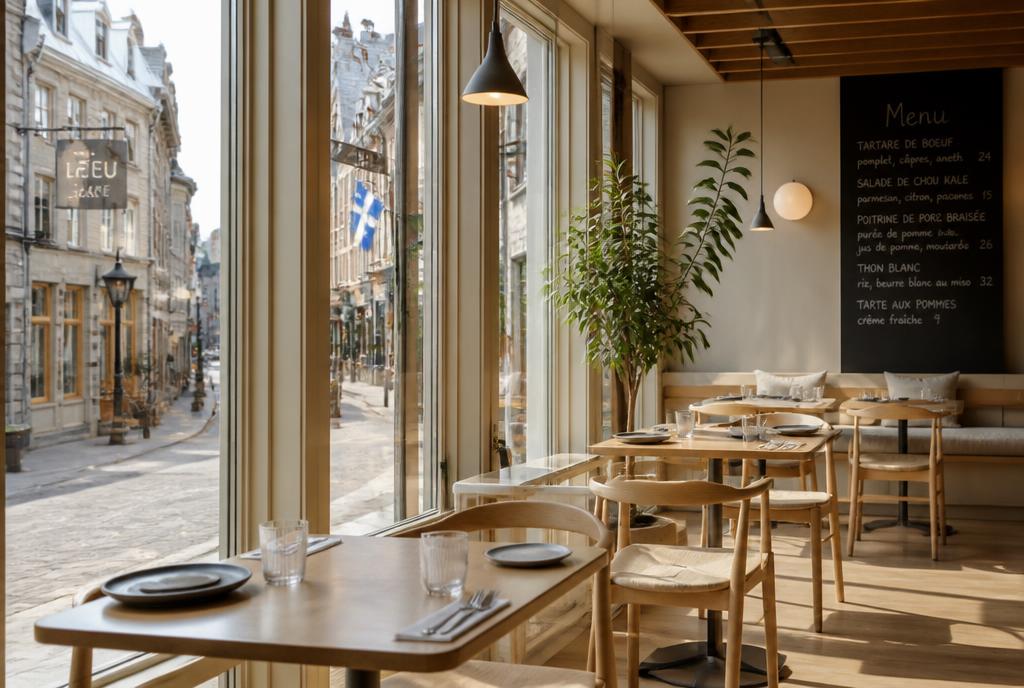 Salle claire d'un bistro nordique de la rue Saint-Jean à Québec
